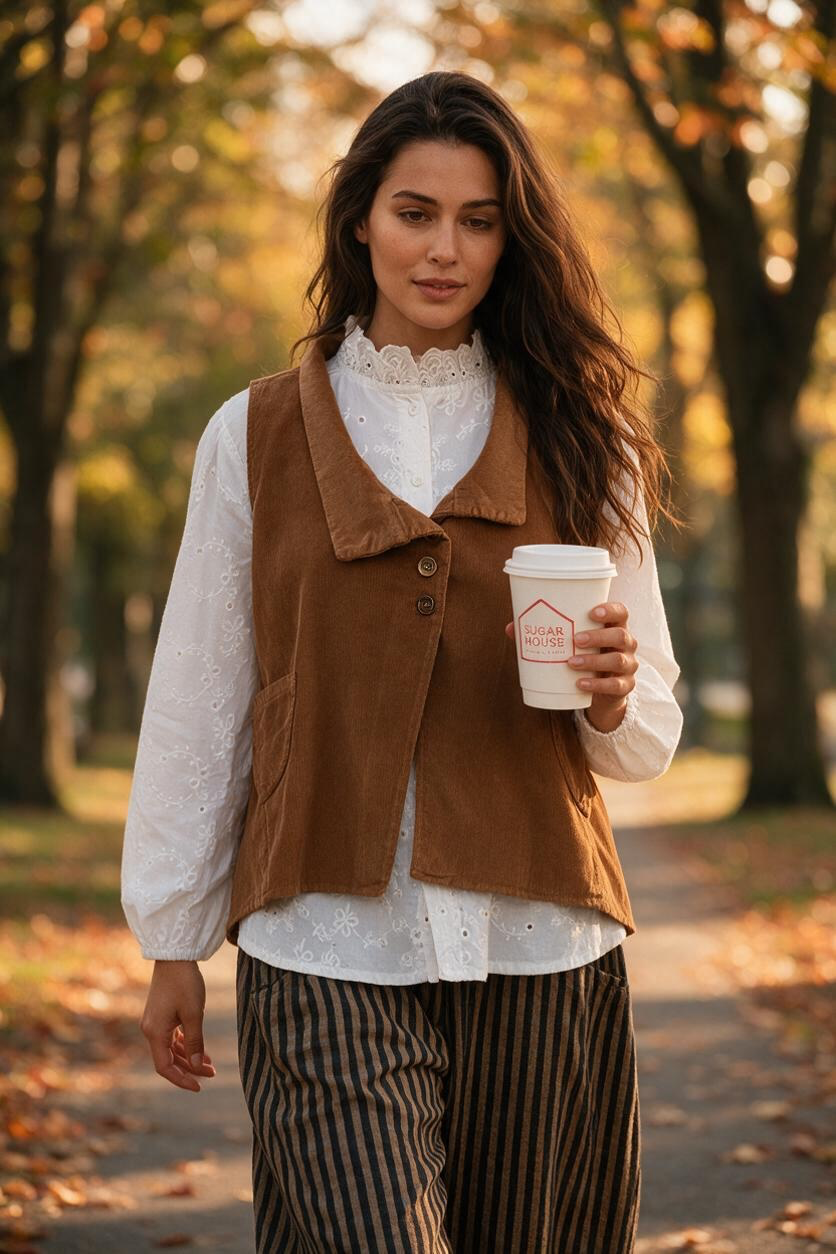 “Kellie” warm tan pin corduroy waist coat