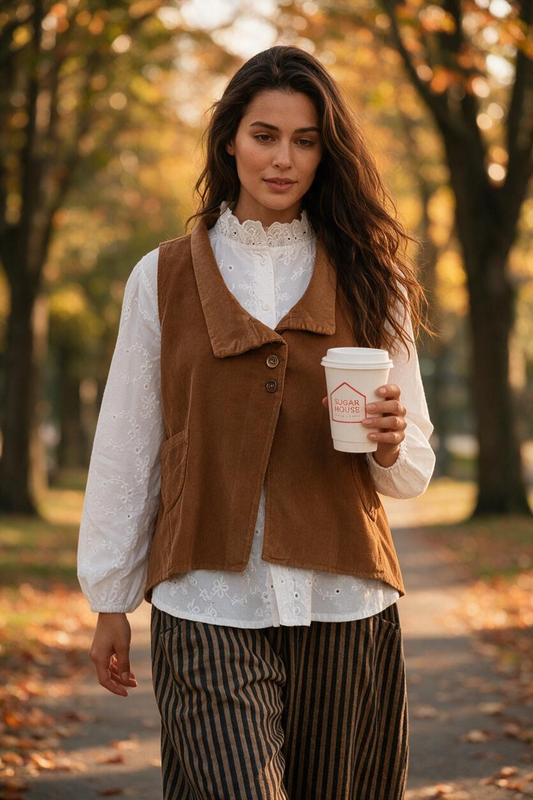 “Kellie” warm tan pin corduroy waist coat