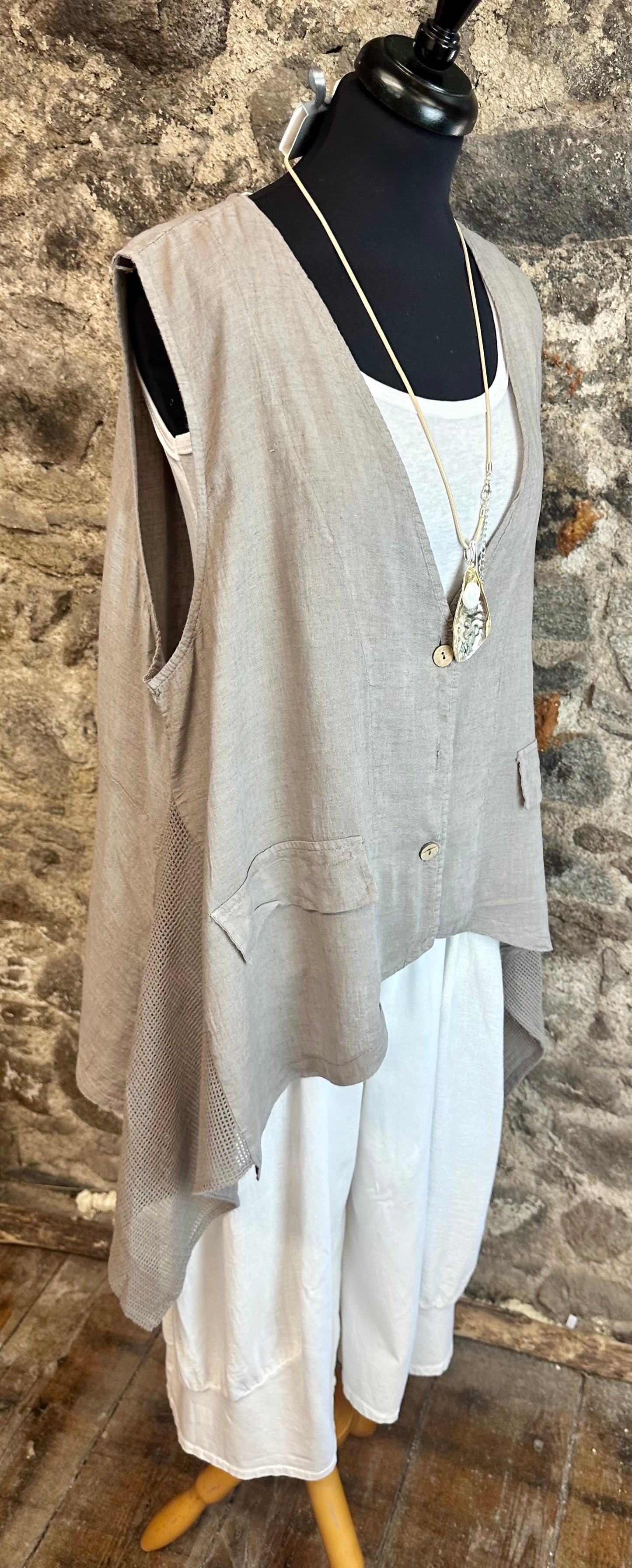 “Daisy “ mocha Italian asymmetric Italian linen waist coat