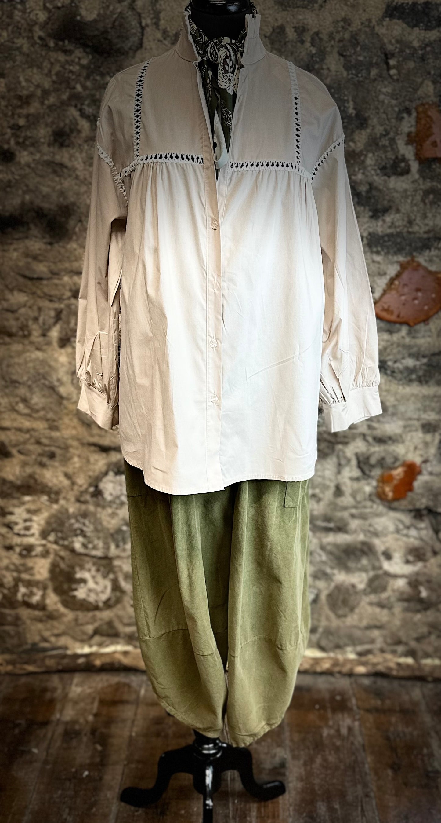 “Annabelle” pilgrim mocha Italian ruffle shirt