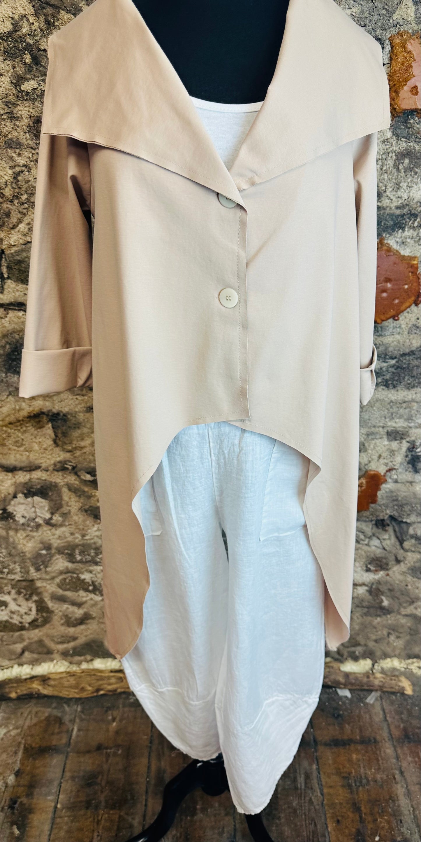 “Mira “ Italian dipped hem asymmetric jacket baileys cream