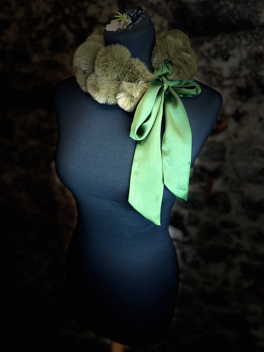“Esther” satin tie vegan fur forest green collar
