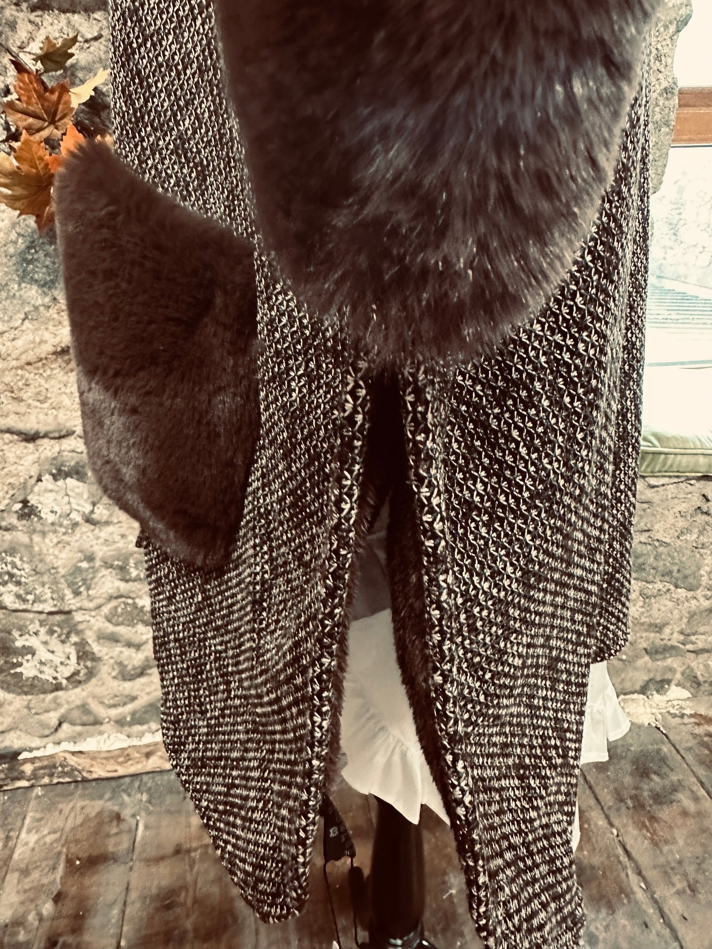 “Paula “ chocolate tweed coat Cape with vegan fur