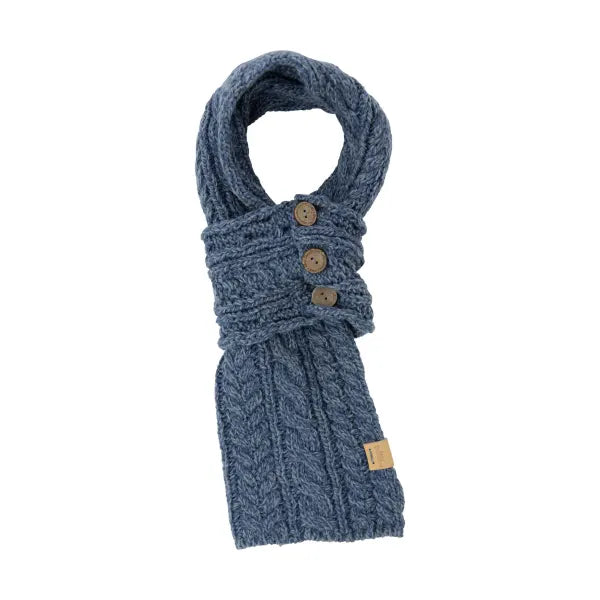 Aran knit denim blue cable knit loop scarf with button detail