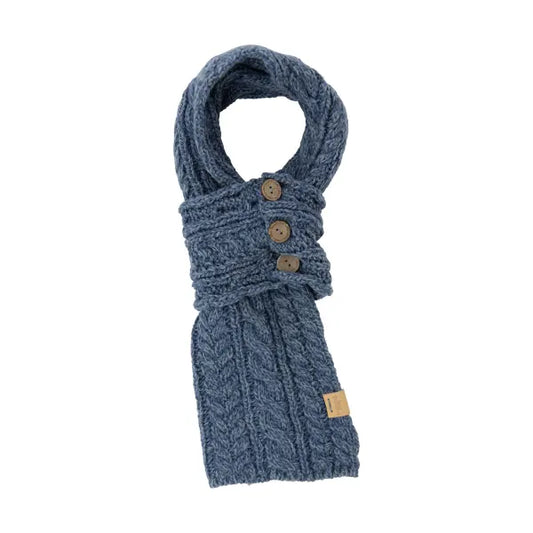 Aran knit denim blue cable knit loop scarf with button detail