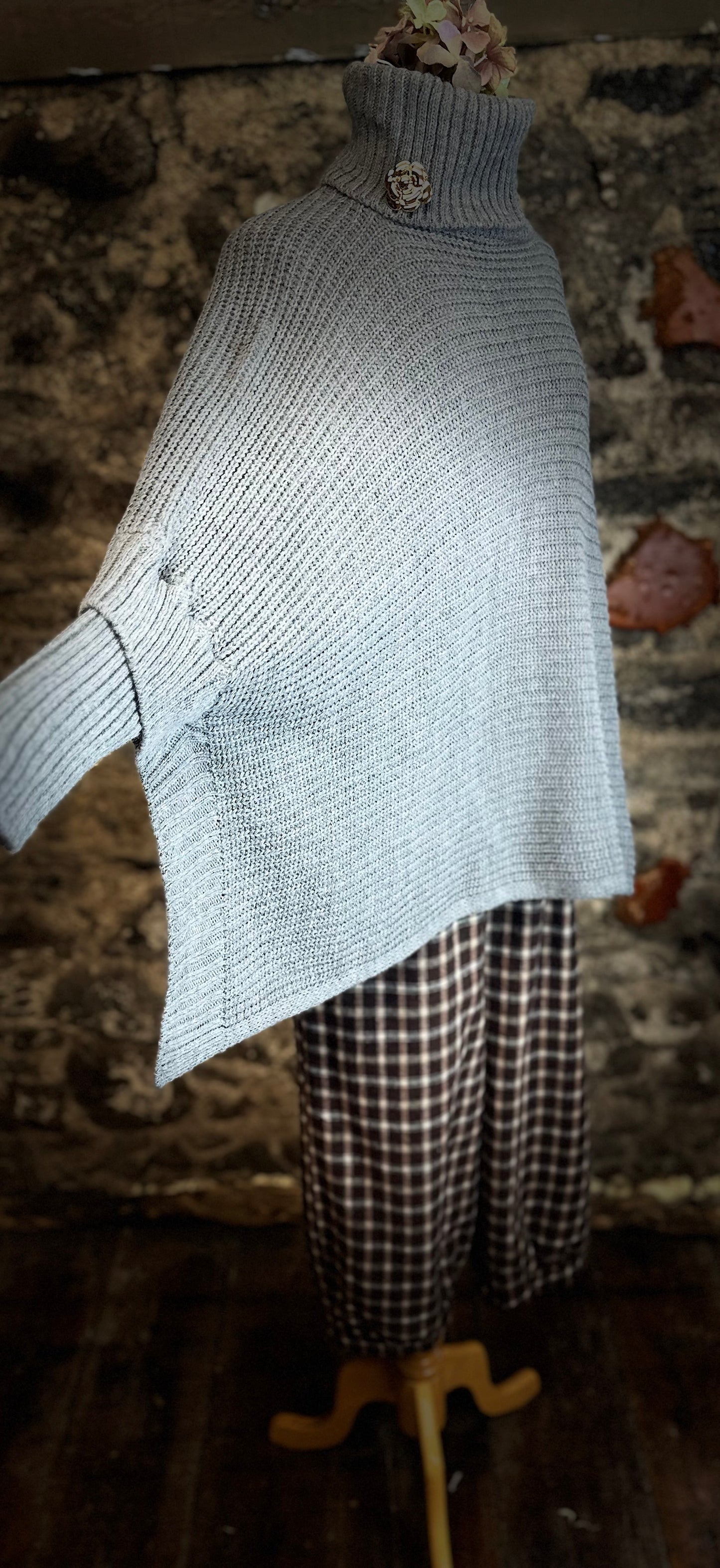 “Darina “ cloud grey high neck knit sleeved poncho