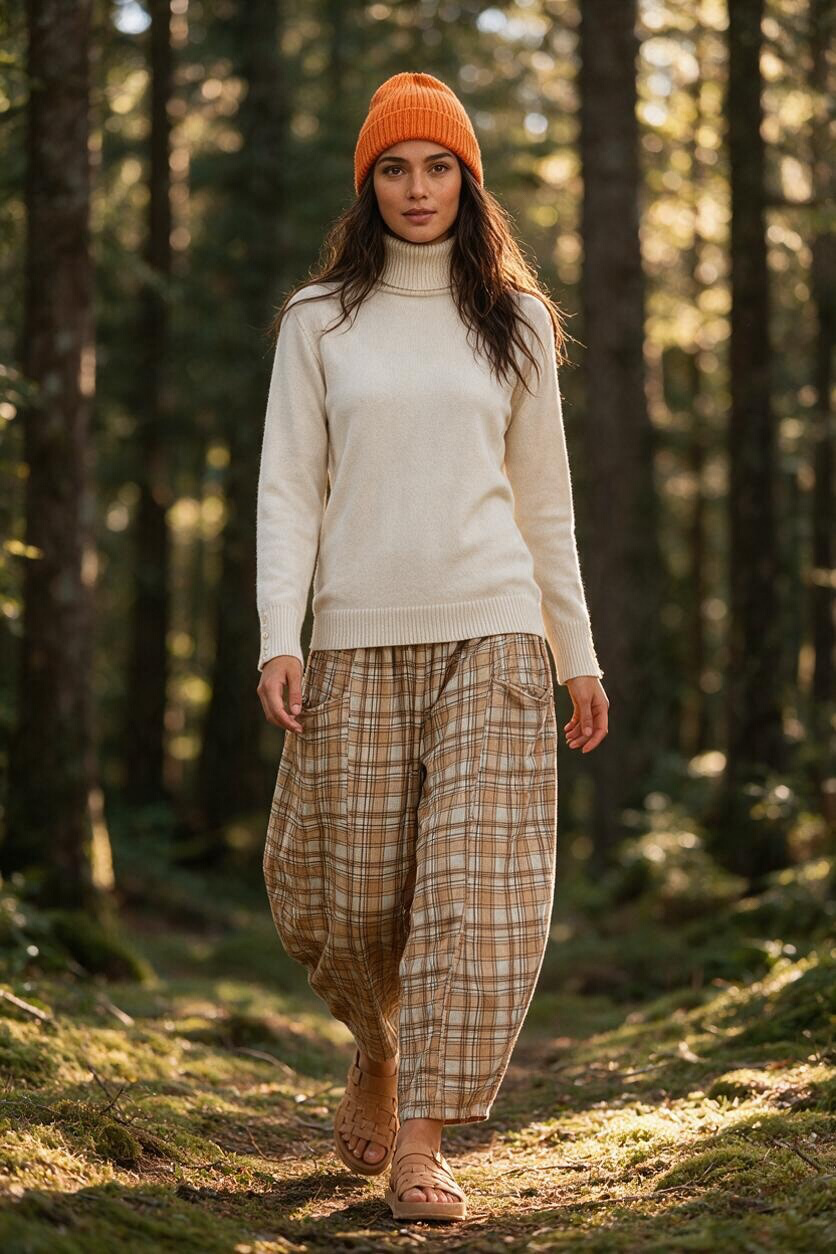 “Victoria “ tangerine and beige / grey plaid fine corduroy barrell leg trousers