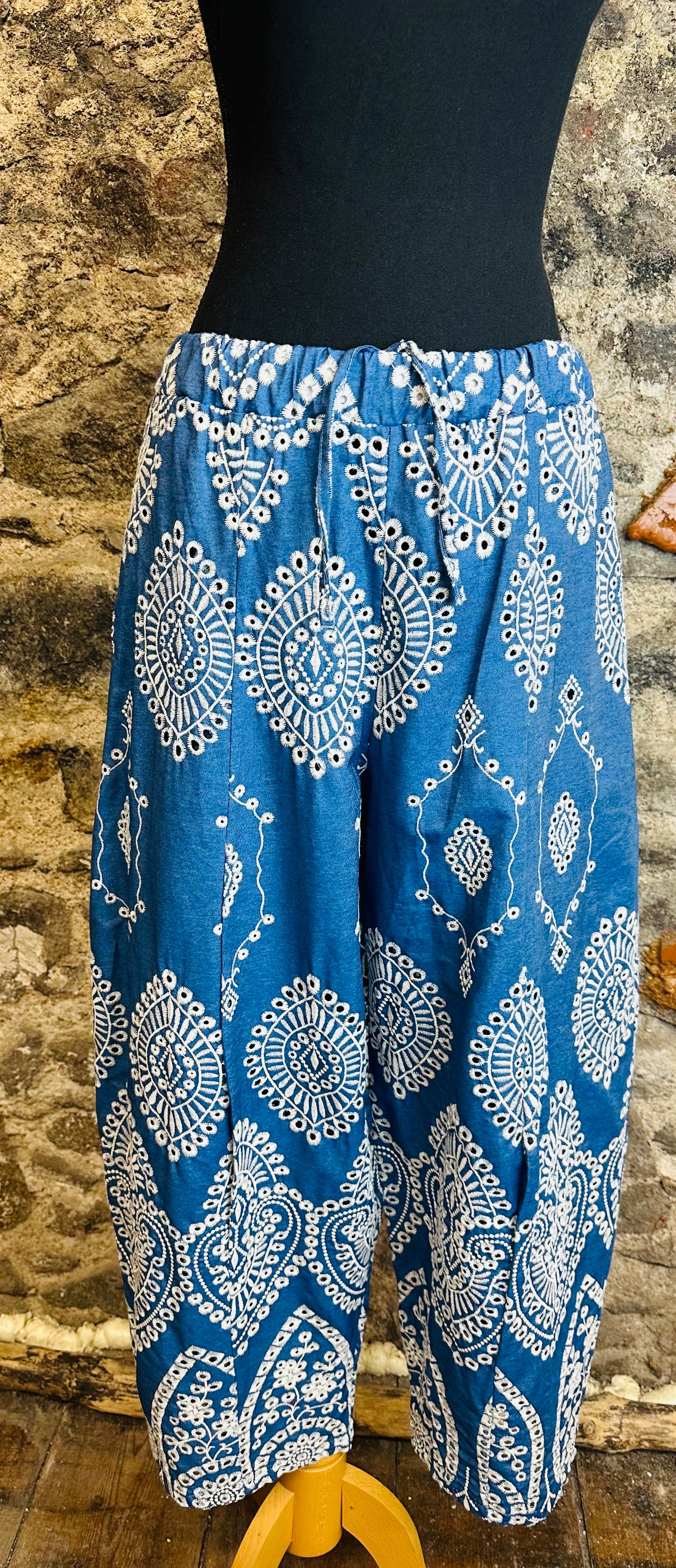 “April “ denim angelaise  detailed cocoon Italian pants