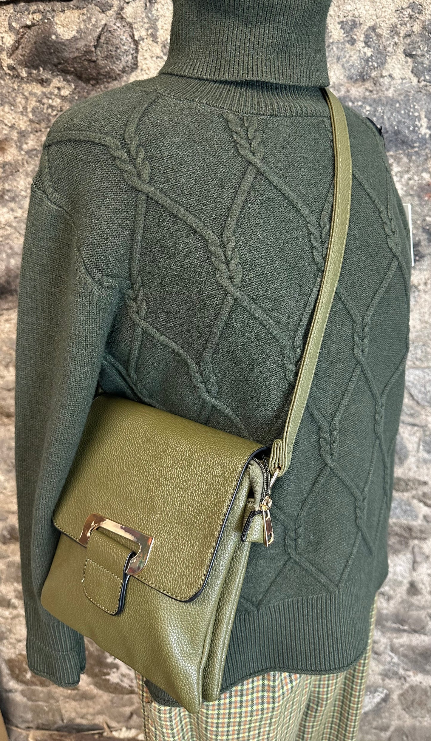 “Natalie “ Forest green high neck Italian cable knit polo