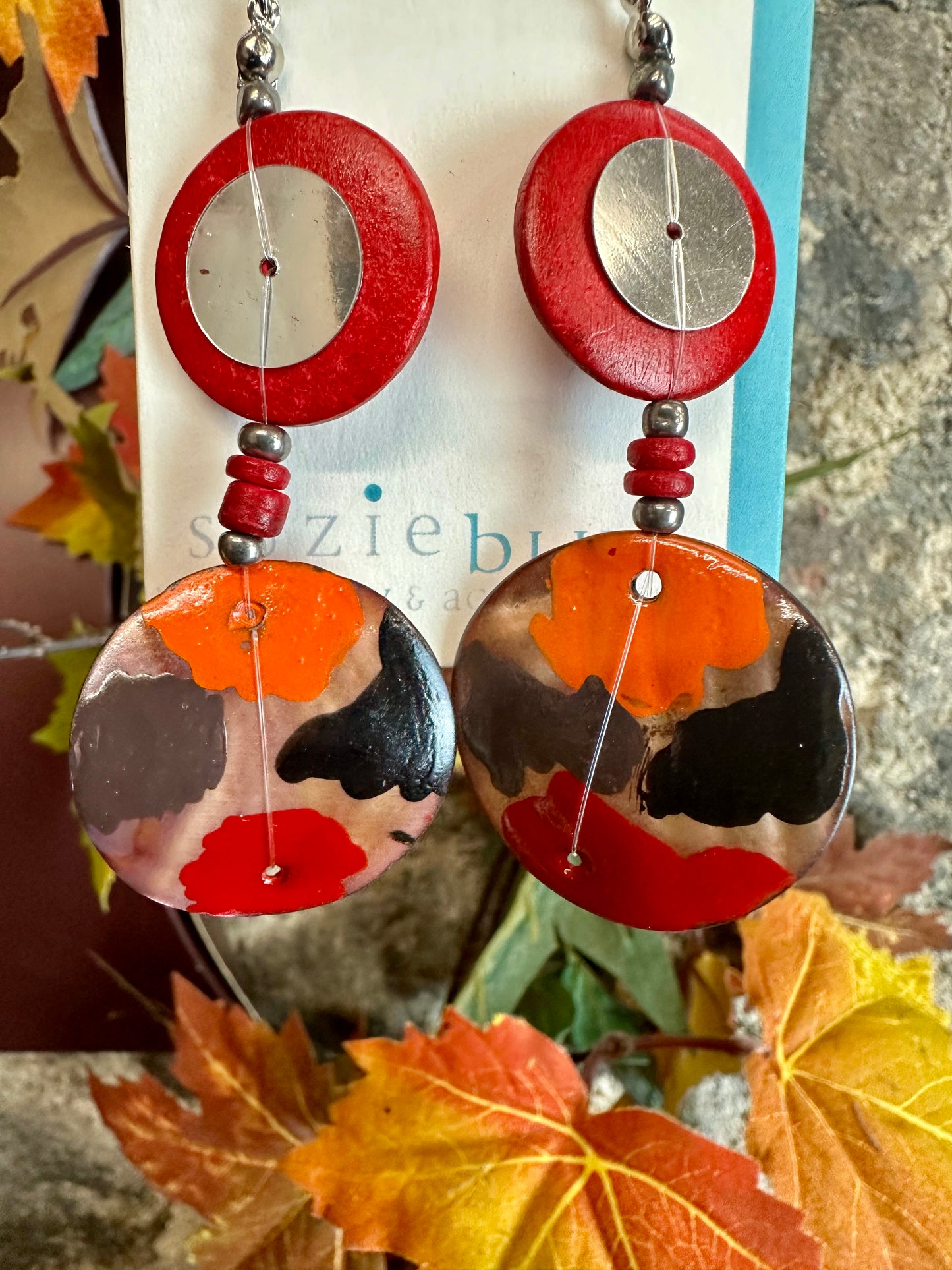 Wooden disc Handpainted drop earrings