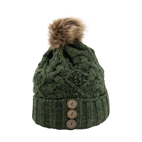 Aran diamond cable wooden button cosy hat forest green