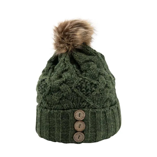 Aran diamond cable wooden button cosy hat forest green