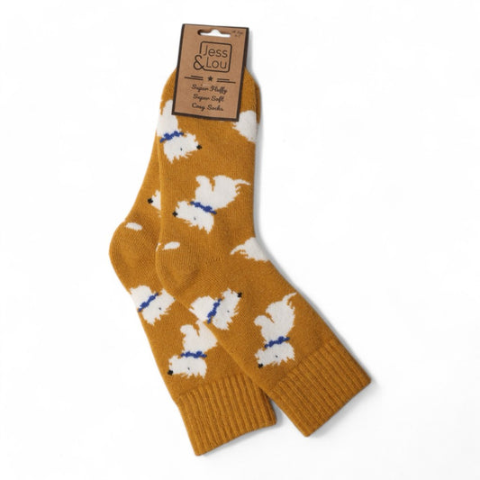 Wonderful bestie Westie saffron and cream cosey sock