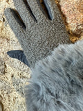 Soft Boucle wool mix and suedette charcoal glove with vegan fur cuff