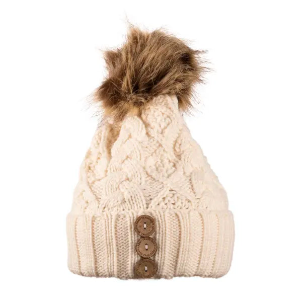 Aran cosey cable knit hat with button detailing