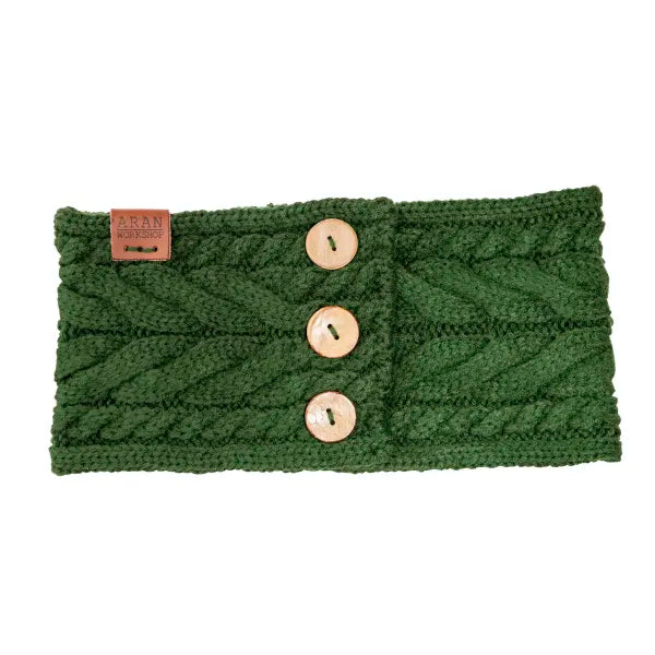 Aran cable knit cosey head band forest green