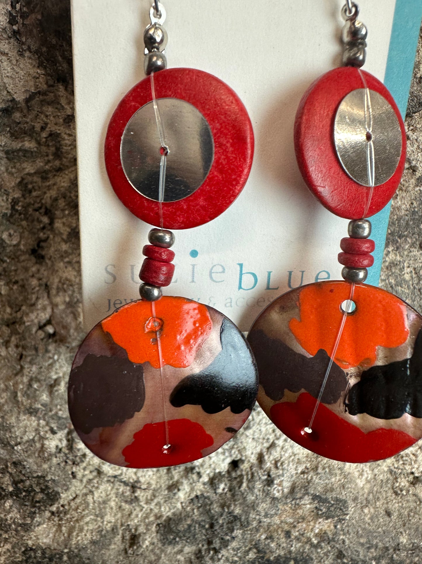 Wooden disc Handpainted drop earrings