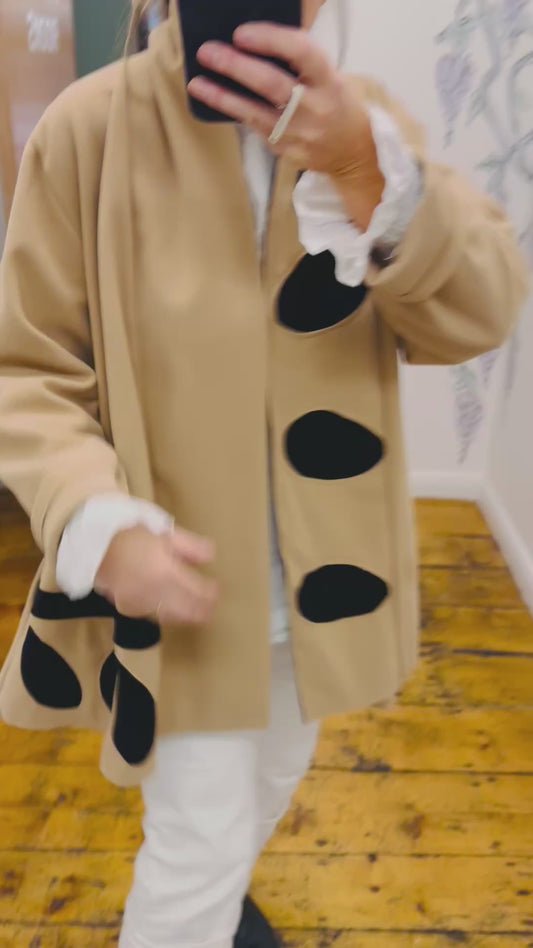 “Vivion “ camel and black pebble design italian swing wool mix coat